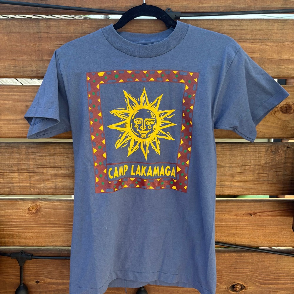 Fruit of the Loom T-Shirt Mens Small Blue Used Vintage 90 Camp Sun Single Stitch